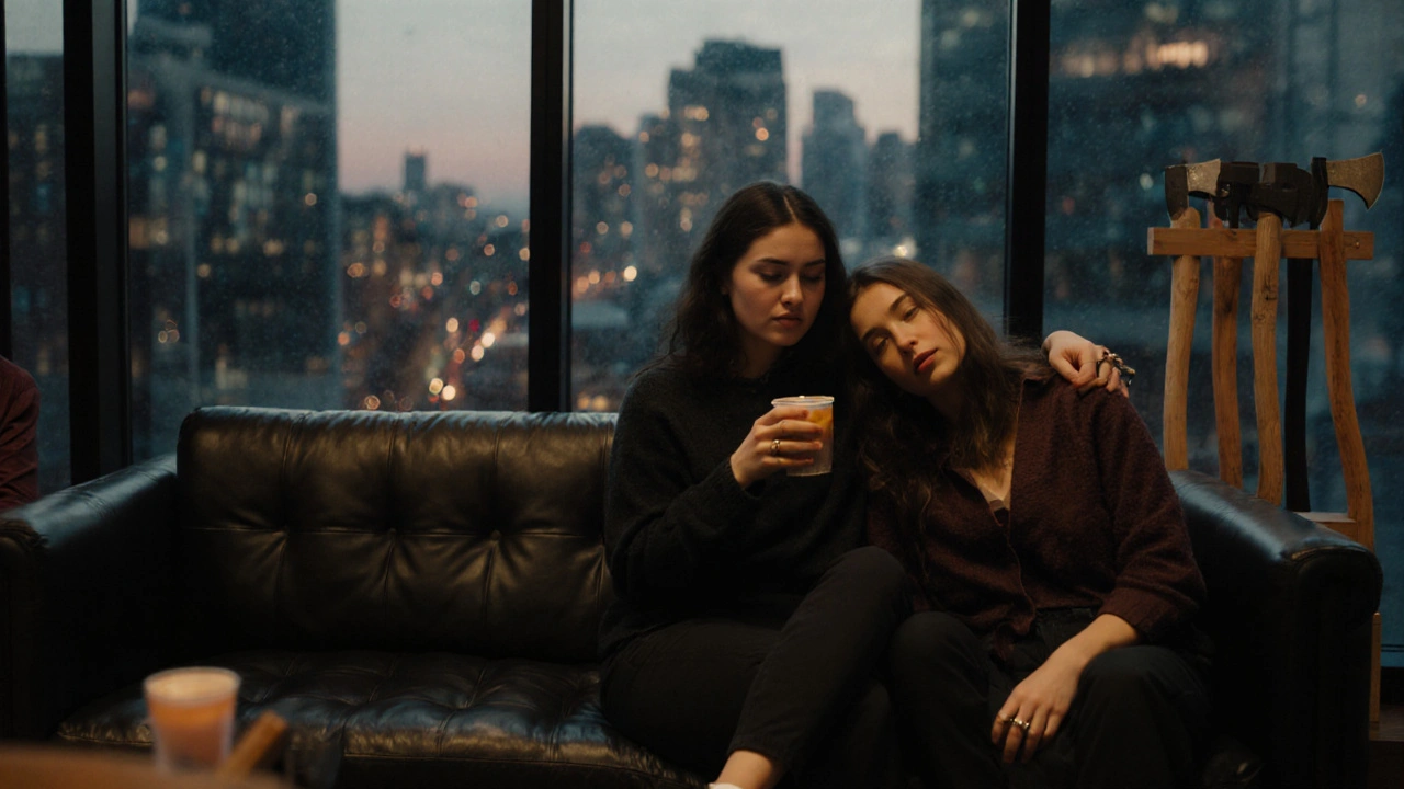 Three friends relaxing on a couch after axe throwing, city lights visible through windows