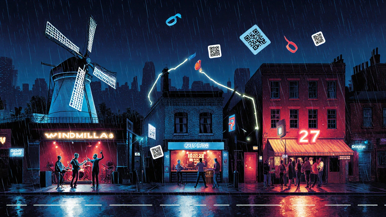 Three vibrant London nightlife venues connected by glowing wristbands and QR codes at night.