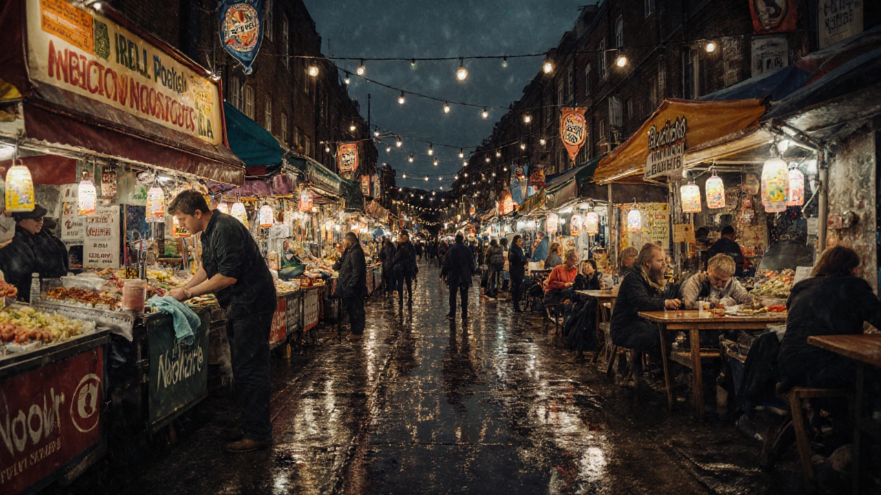 Vibrant Brixton Village night market with multiple clean food stalls and patrons dining under string lights.