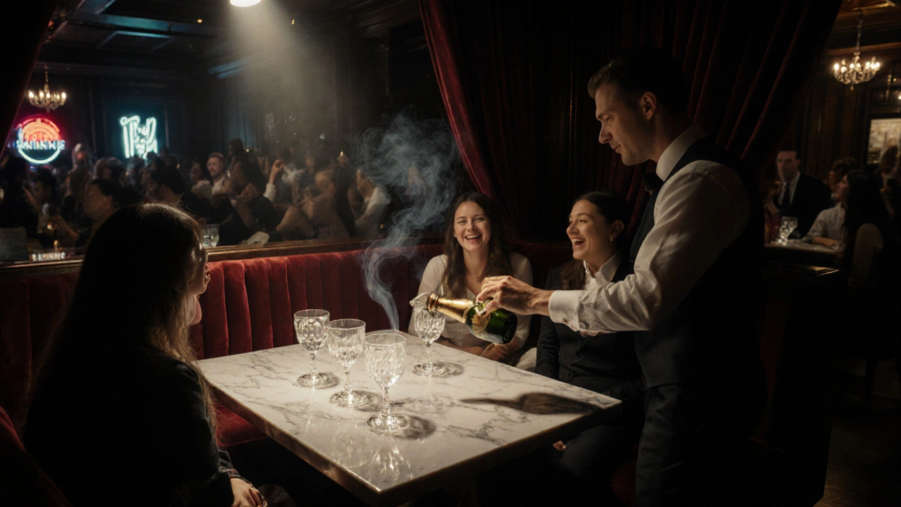 VIP booth at The Ivy Club at night, group enjoying champagne under soft lights, blurred dancers in background, elegant dark interior with velvet curtains.