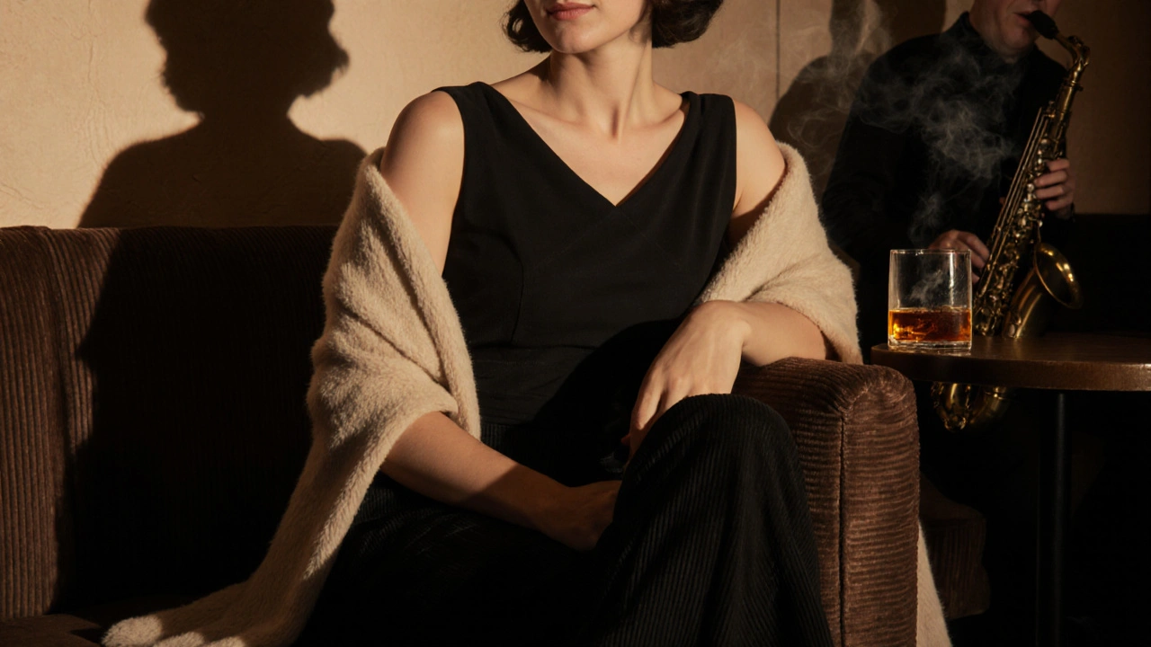 Woman in little black dress and cashmere shawl seated in a jazz club booth.