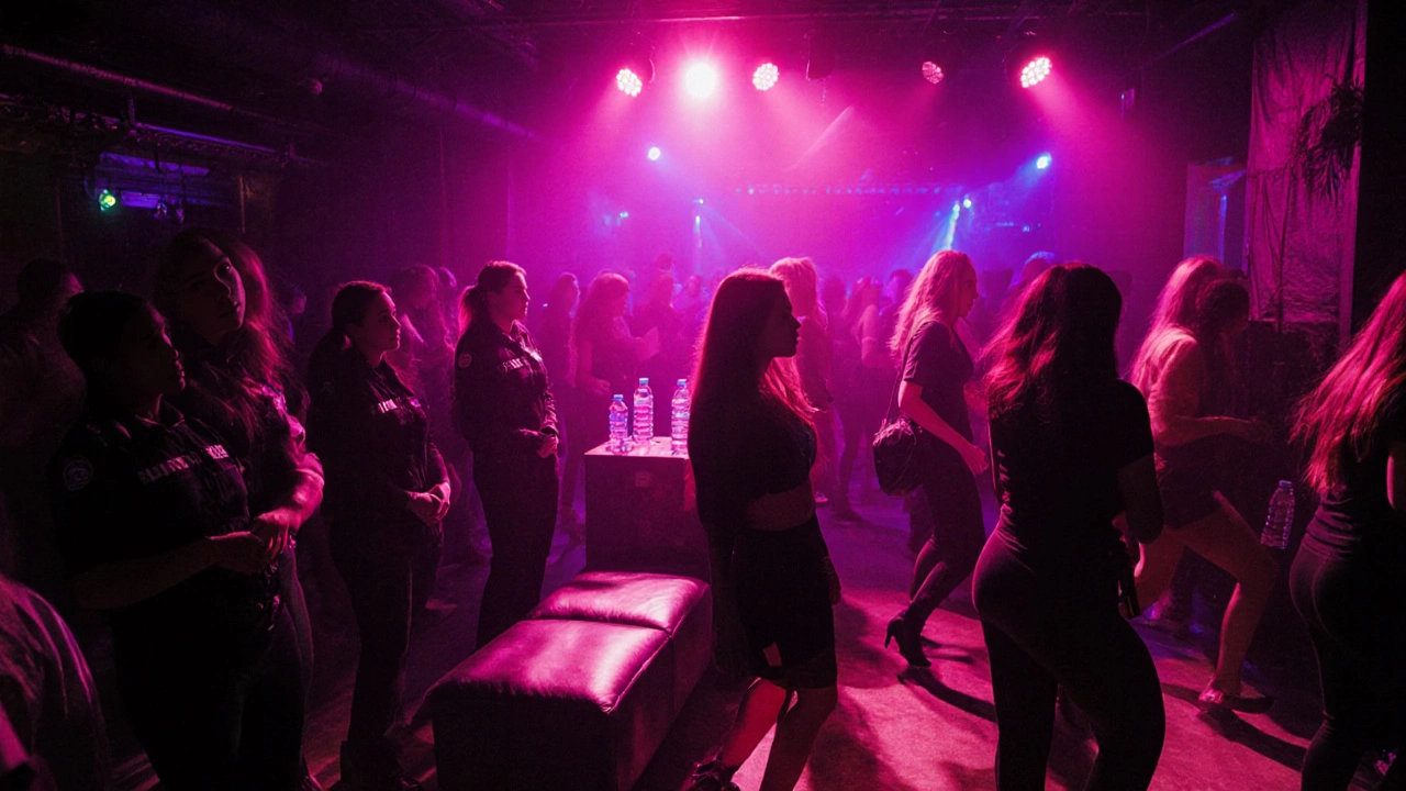 Women dancing to techno music in a dimly lit club with a calm security team nearby.