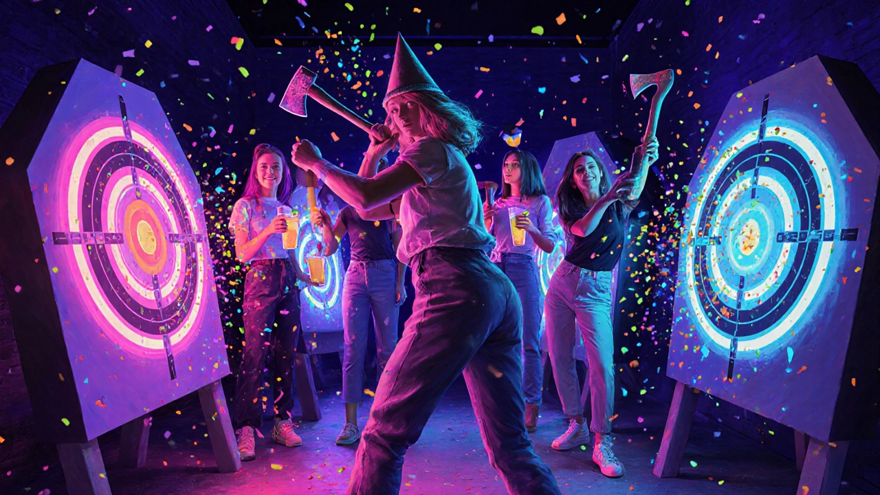 Women enjoying a glowing neon-themed axe throwing night with colorful targets