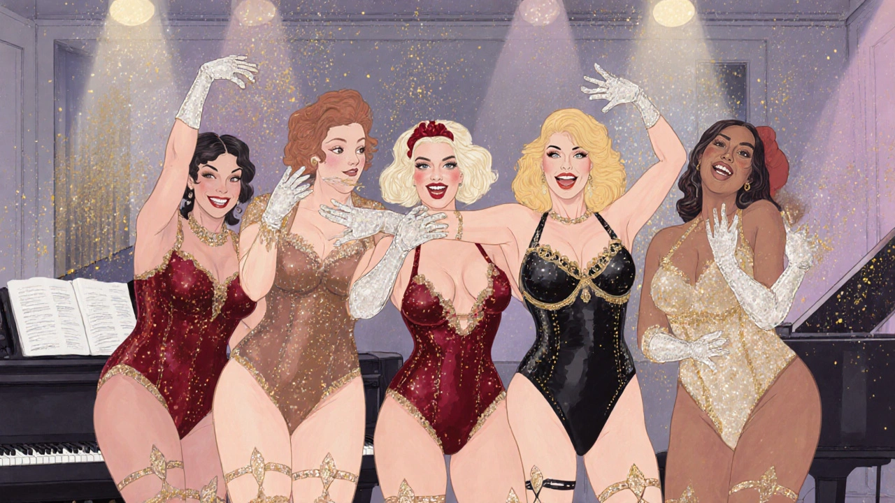 Women of different ages performing a playful burlesque pose under golden lights, with a live jazz musician in the background.