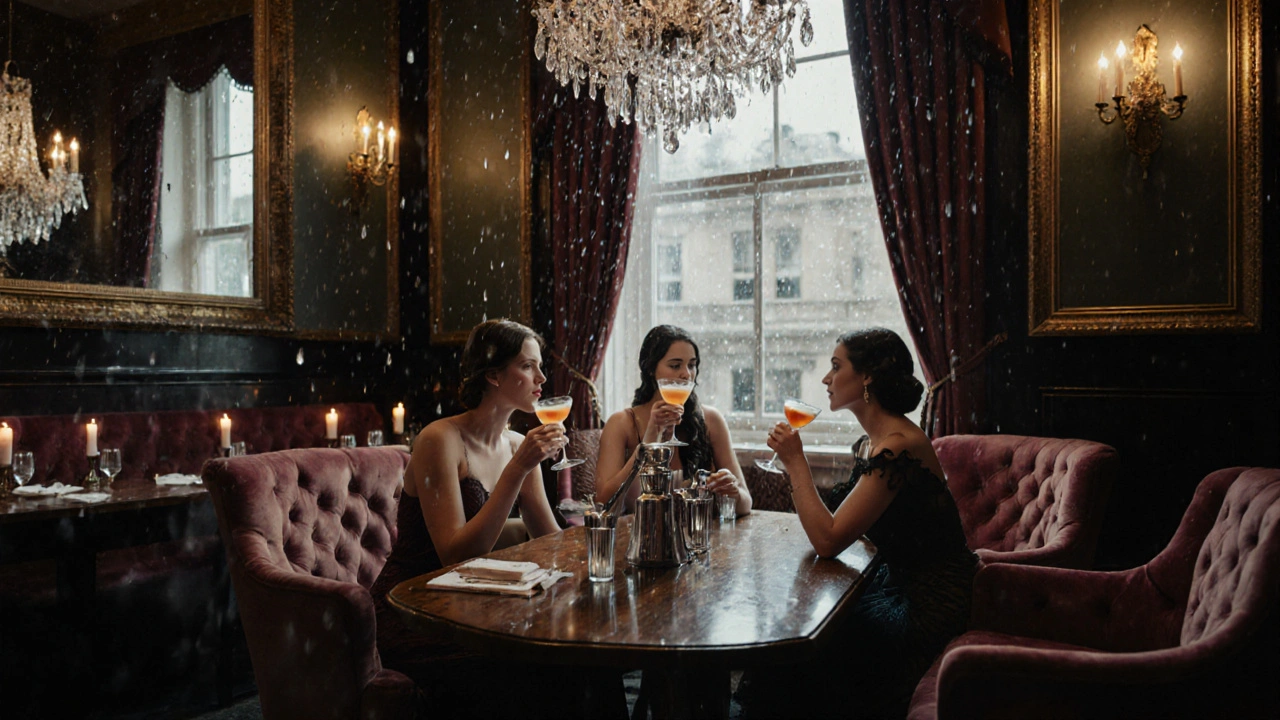 Women sipping vintage cocktails in a luxurious 1920s-style hidden bar with crystal chandeliers and candlelight.