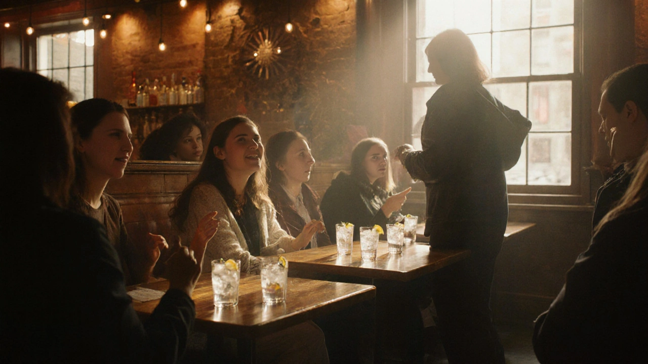 Women socializing warmly at The Windmill Brixton under soft amber lighting.