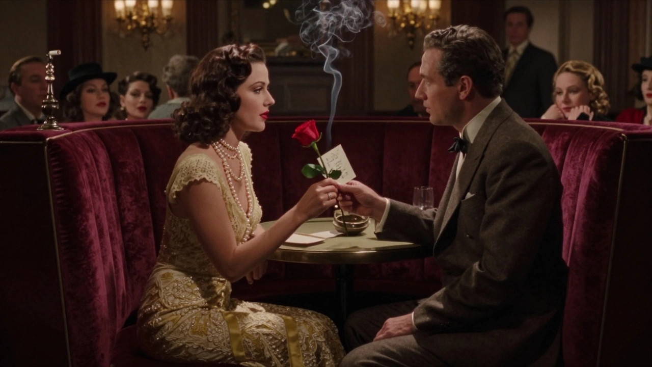 A burlesque dancer offers a rose with a handwritten note to a guest in a VIP booth, soft light highlighting the intimate gesture.