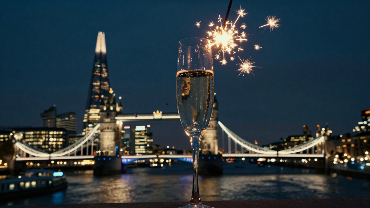 A champagne flute raised against London's nighttime skyline, reflections of laughter in the glass.