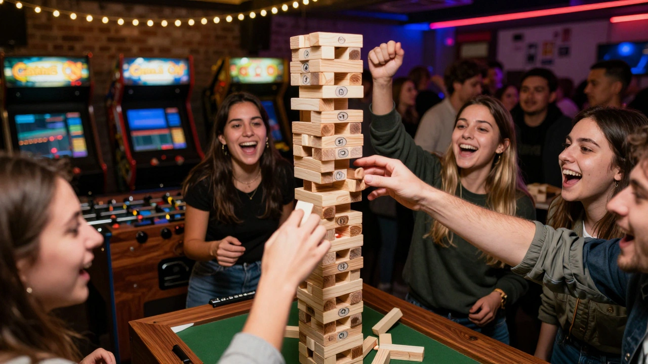 A crowd cheering as someone reaches for the last block in a giant Jenga game at a London game night.