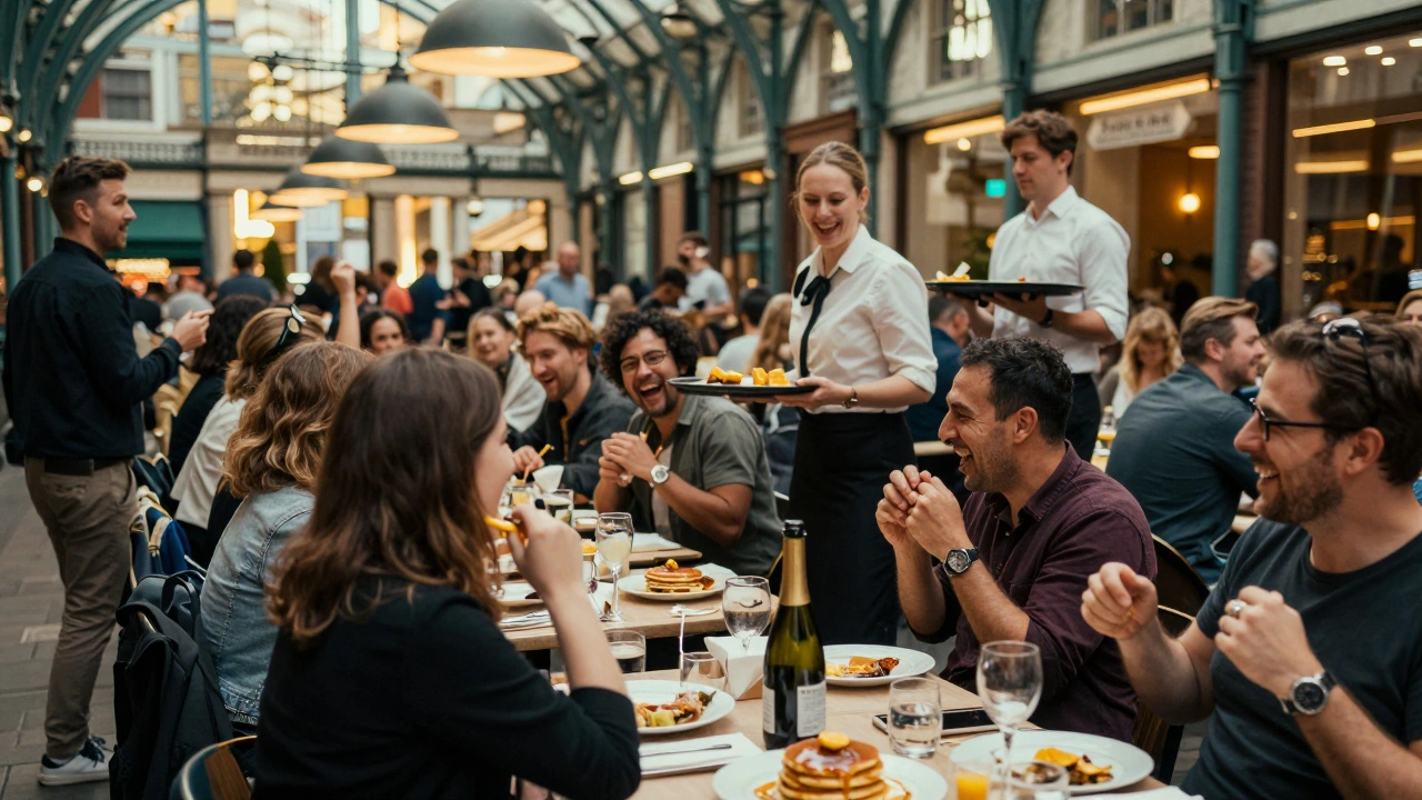 A crowded late afternoon brunch with servers juggling trays and cooling food under dim lights.