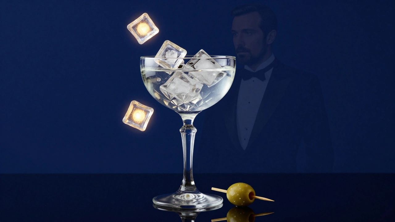 A crystal martini glass suspended with floating ice cubes and a single olive, symbolizing precision and tradition.