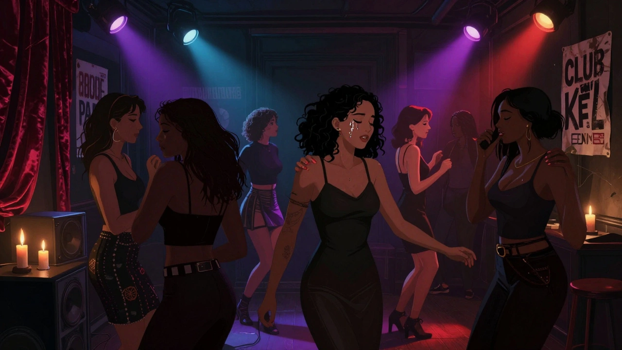 A dimly lit dance floor where women and non-binary people move freely under colored lights, no cameras, only connection and bass.