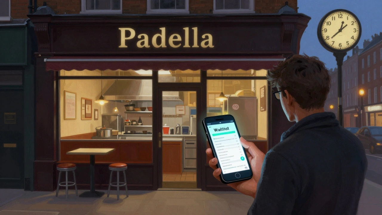 A diner receiving a waitlist notification on their phone outside a popular London restaurant at night.