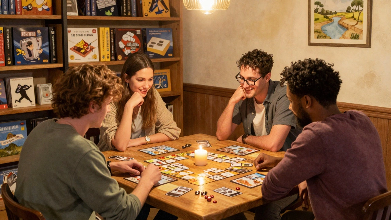 A diverse group playing Codenames at a cozy board game cafe in Camden, surrounded by shelves of games.