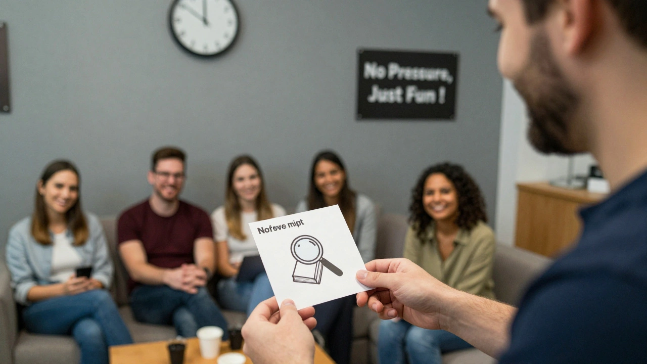 A game master handing a hint card to a smiling group before their first escape room adventure.