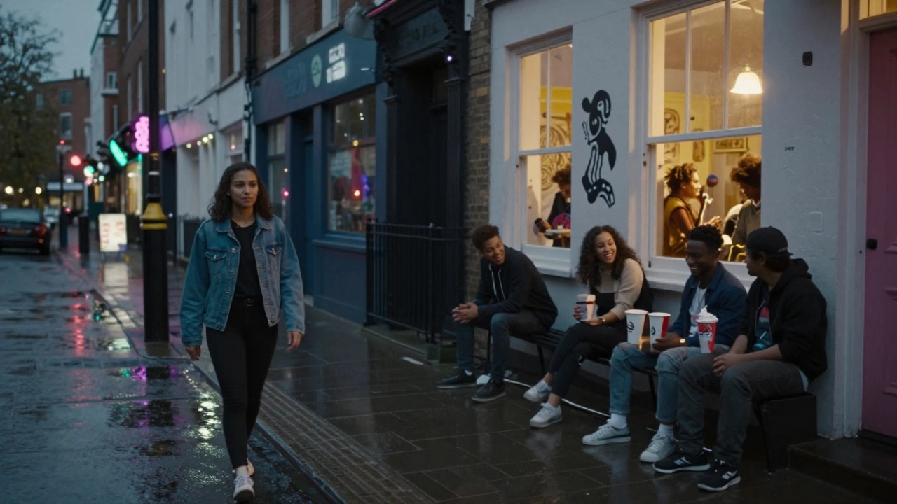 A girl walking through a rainy East London street at night with glowing street art and music spilling from windows.