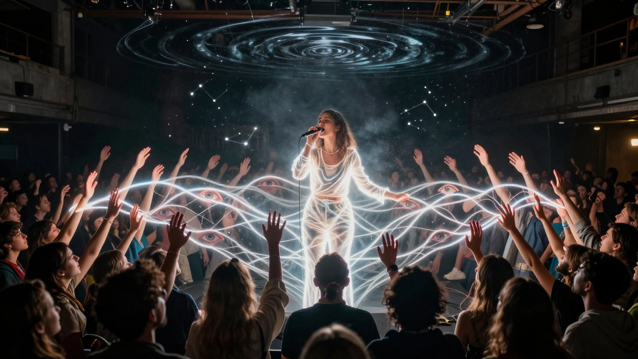 A glowing hum of sound rises from a crowd, forming a network of connected hands and hearts in a dimly lit venue.