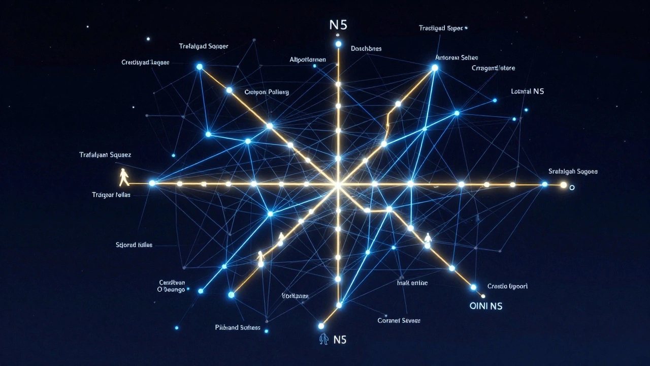 A glowing map of London's night transport routes with key lines highlighted in blue and gold.