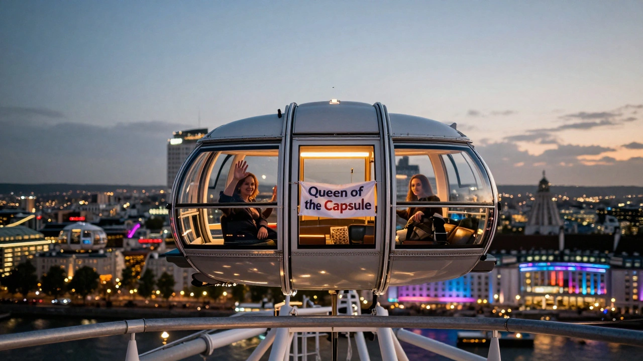 A glowing private capsule at the top of the London Eye, city lights sparkling below at dusk.