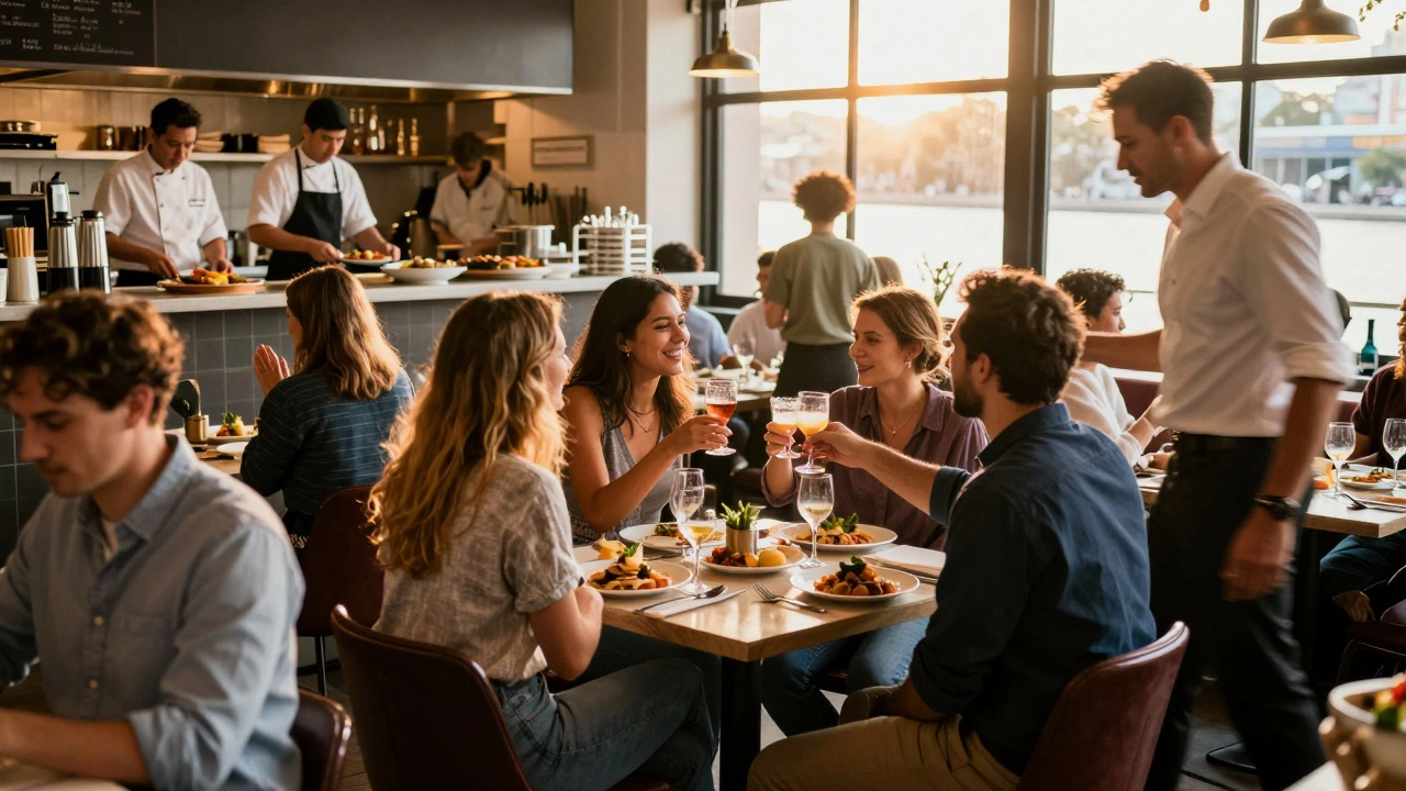 A lively group celebrating at a center table with kitchen activity and dynamic lighting in the background.