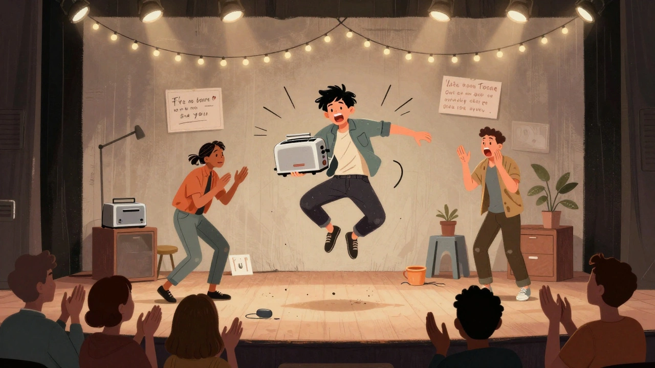 A lively improv performance on a small stage with one person pretending to be a talking toaster amid audience laughter.