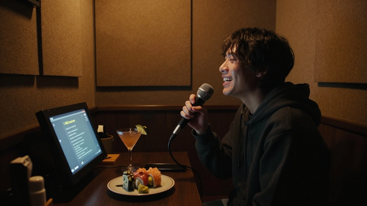 A person alone in a private karaoke booth singing with tears and smiles under a spotlight.