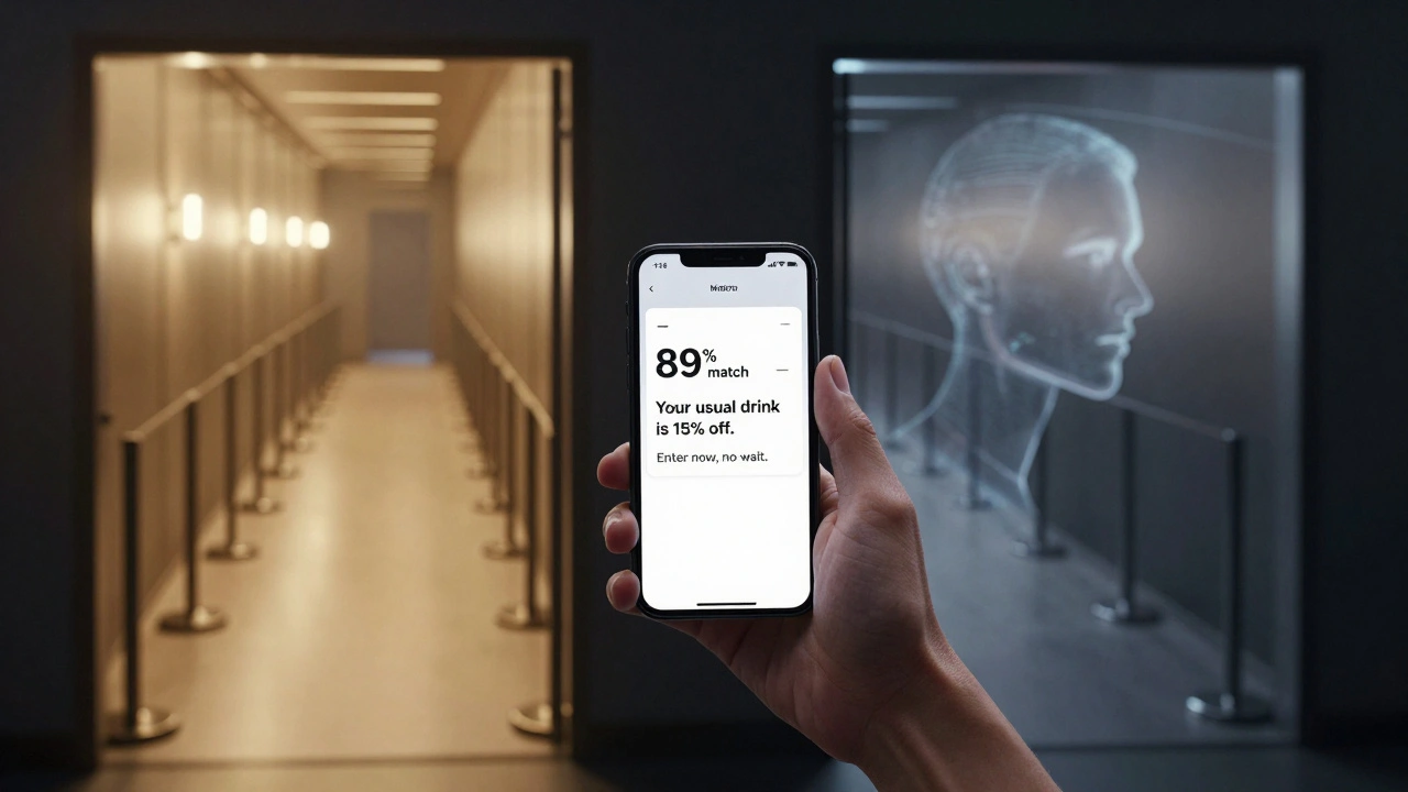 A person receives a personalized club invitation on their phone, with two entry paths visible: VIP fast-track and a long waiting line.