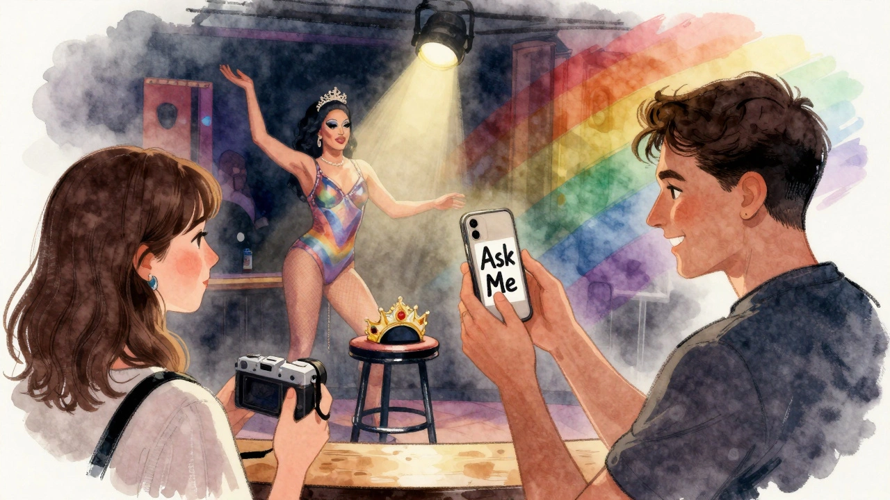 A person shows a &#039;Ask Me&#039; sticker to another holding a camera, drag performer in spotlight behind them.