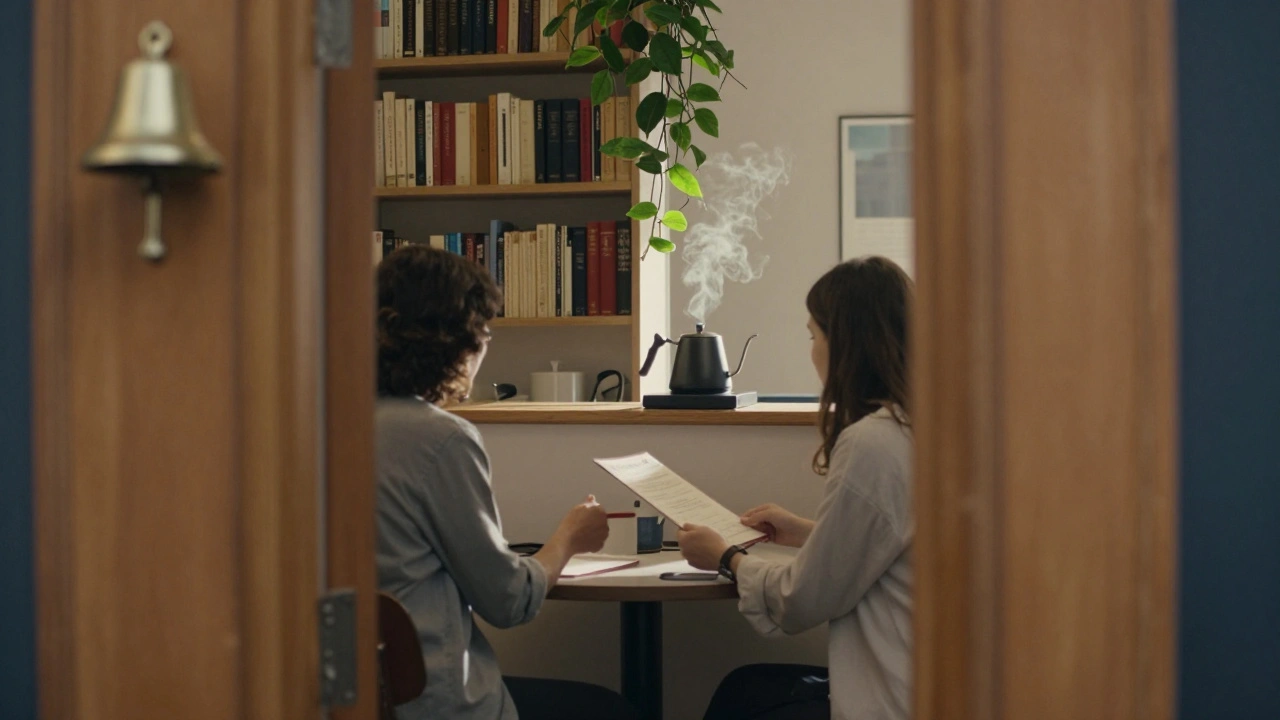 A quiet hidden brunch spot behind a wooden door with books and a woman serving a customer under a hanging plant.