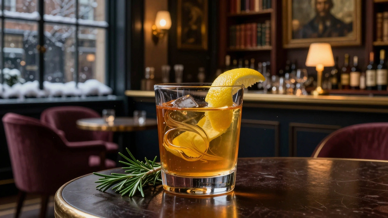 A refined hot toddy in a glass with lemon peel and rosemary, served in an elegant Mayfair bar.