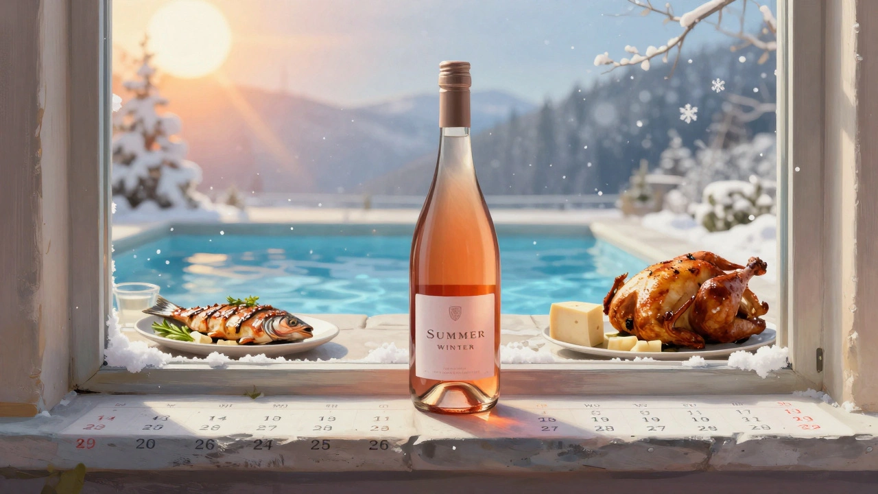 A rosé wine bottle on a windowsill, showing seasonal changes from summer to winter around it.