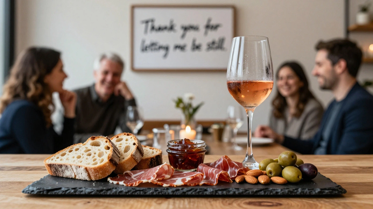 A simple charcuterie board with cured meats, bread, and olives beside a glass of rosé, with a framed note on the wall behind.