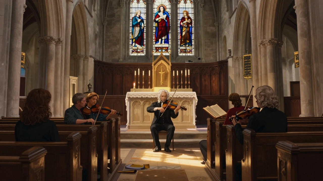 A small group listening to a violinist play Bach in a sunlit church at lunchtime.