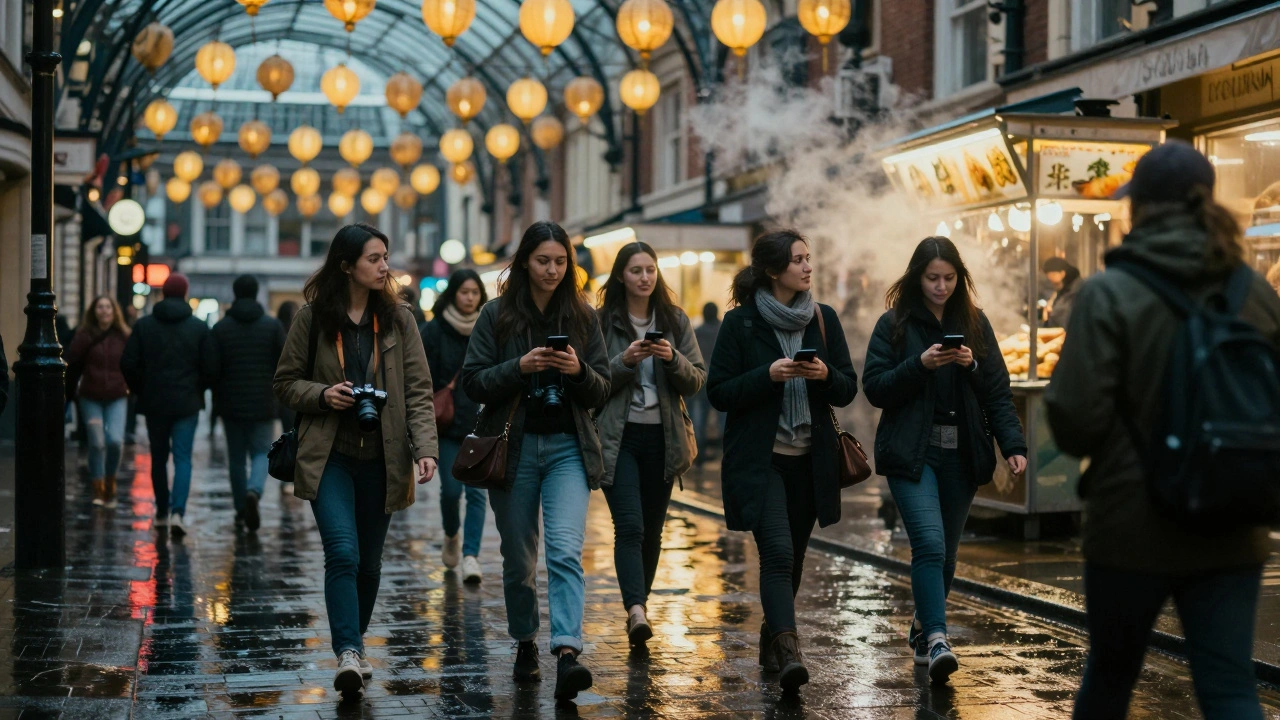 A small group of women walking through glowing lanterns in Covent Garden at night.