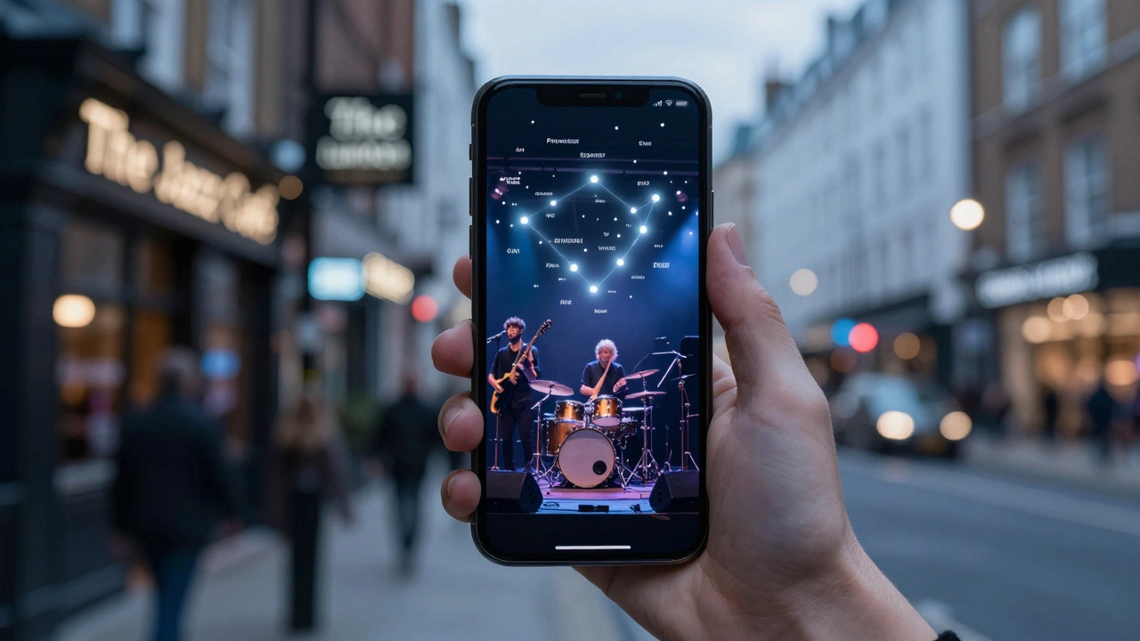 A smartphone screen reflects a constellation of names honoring performers and crew, set against a blurred London night street.