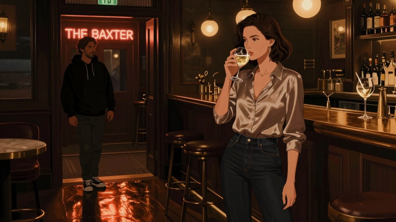A sophisticated cocktail bar scene with one guest dressed appropriately and another being denied entry.