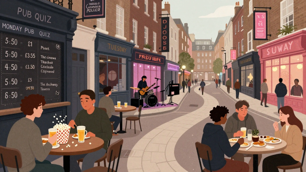 A student's weekly nightlife routine across London pubs, gigs, and cinema with subtle street connections.