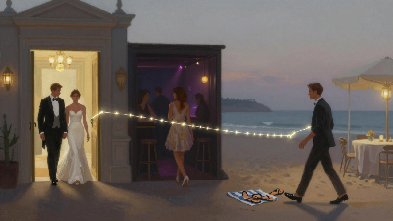 A symbolic cityscape showing different venues and the universal rules of dress codes.