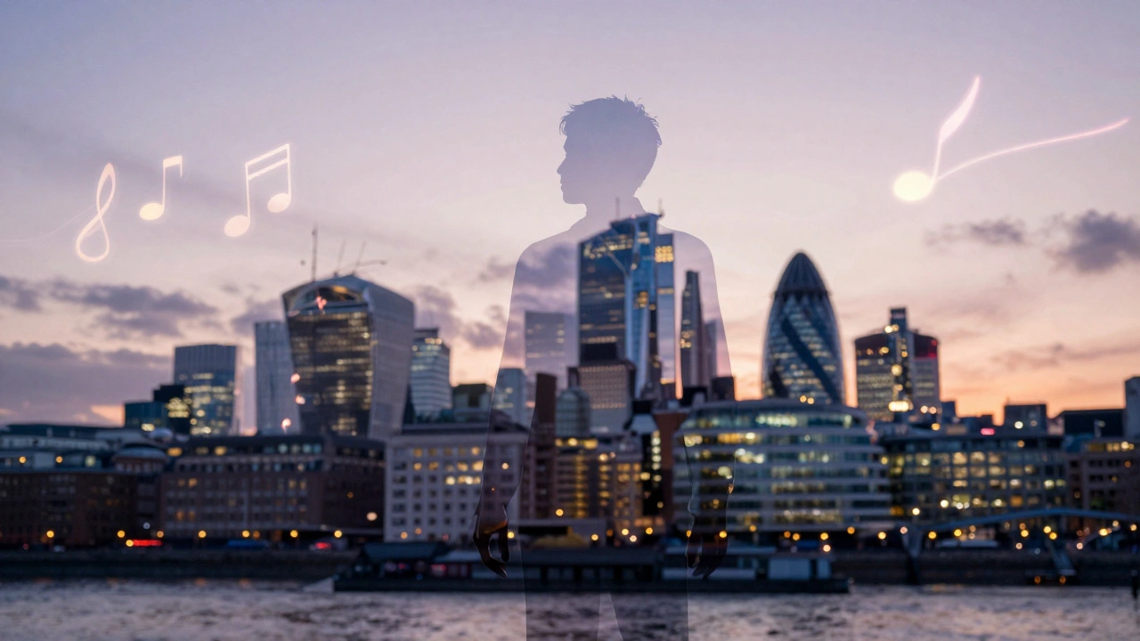A transparent figure blending into London&#039;s skyline, symbolizing seamless融入 nightlife without equipment.