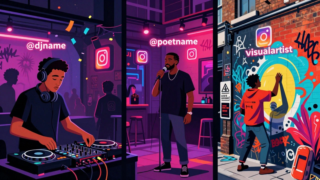 A vibrant collage of London nightlife scenes — DJ, poet, and muralist — connected by floating Instagram tags in a graphic novel style.