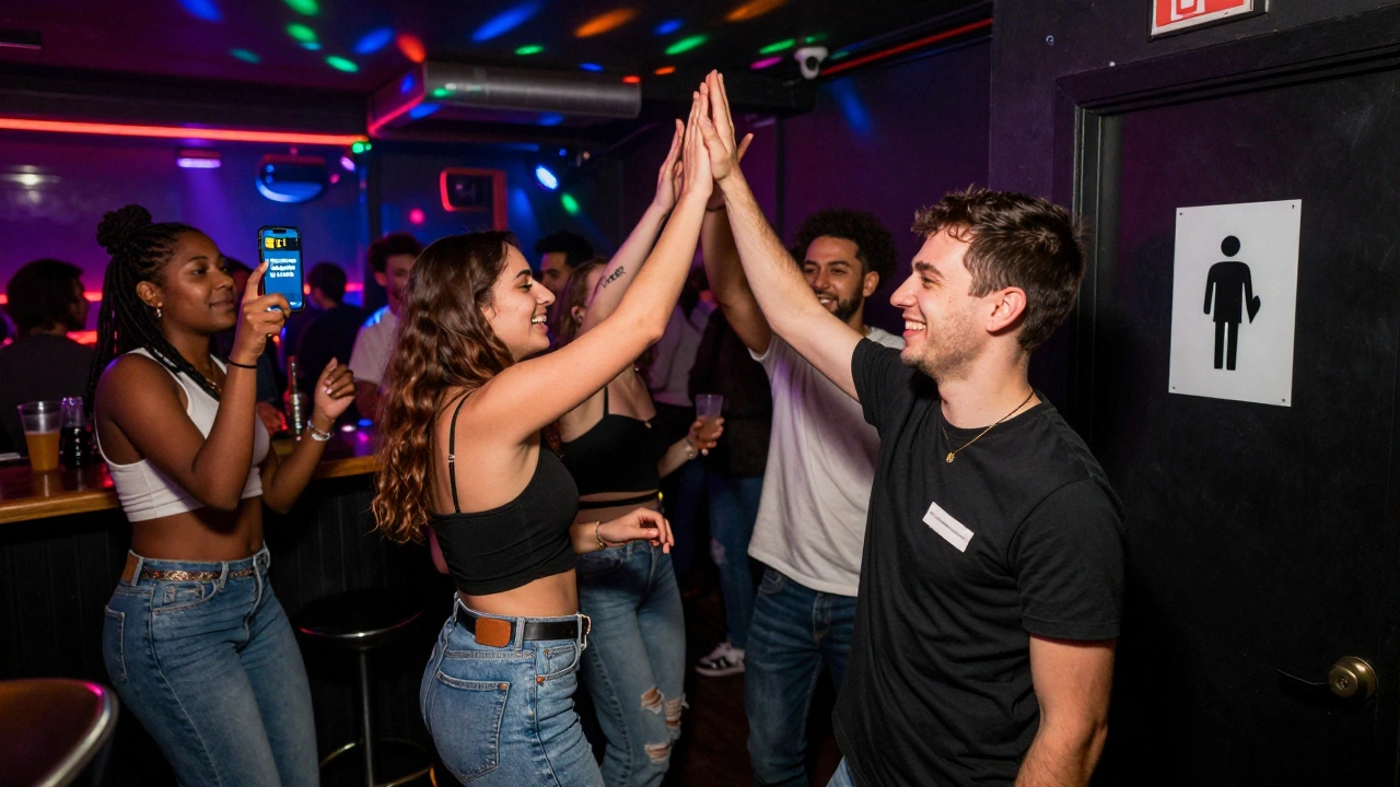 A vibrant nightclub crowd dancing, with staff guiding people to a gender-neutral restroom marked by a universal symbol.