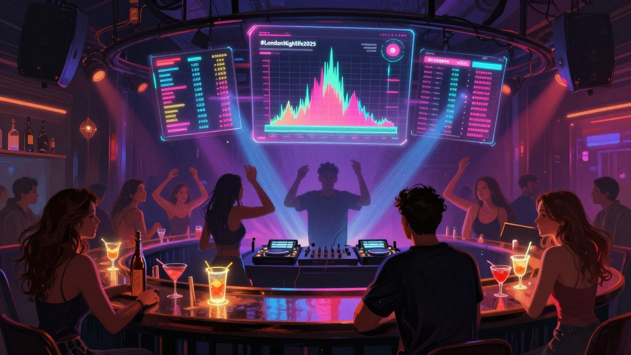 A vibrant nightclub interior where floating data visualizations overlay dancers, showing trending songs and drink sales.