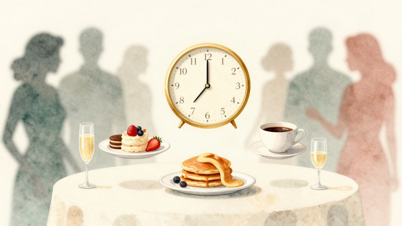 A watercolor concept of 11 a.m. brunch as a balanced moment of freshness, with latecomers fading in the background.