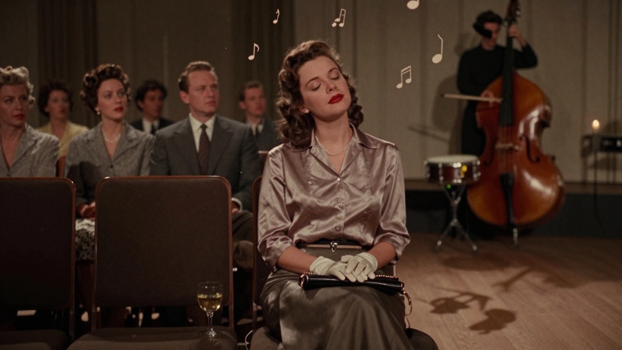 A woman alone in the front row, eyes closed, lost in the music of a vintage jazz trio under soft golden light.