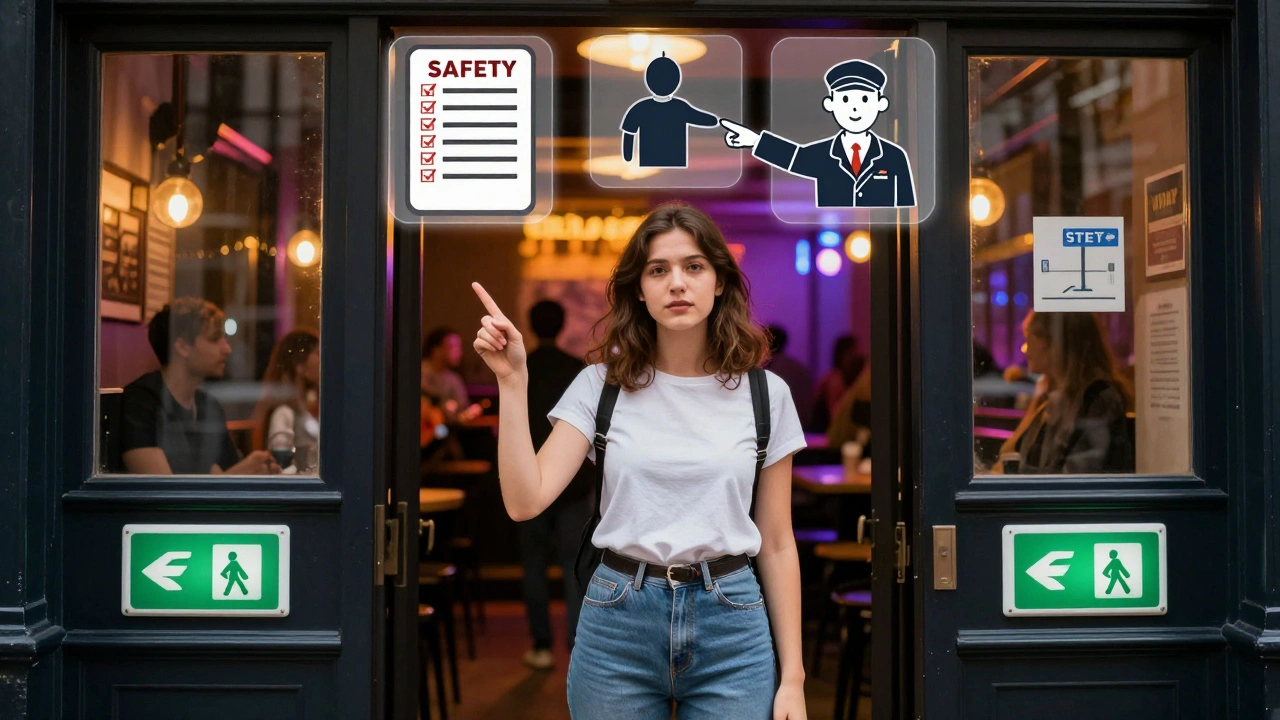 A woman at a venue entrance pointing to clearly visible exits, with floating safety icons above her.