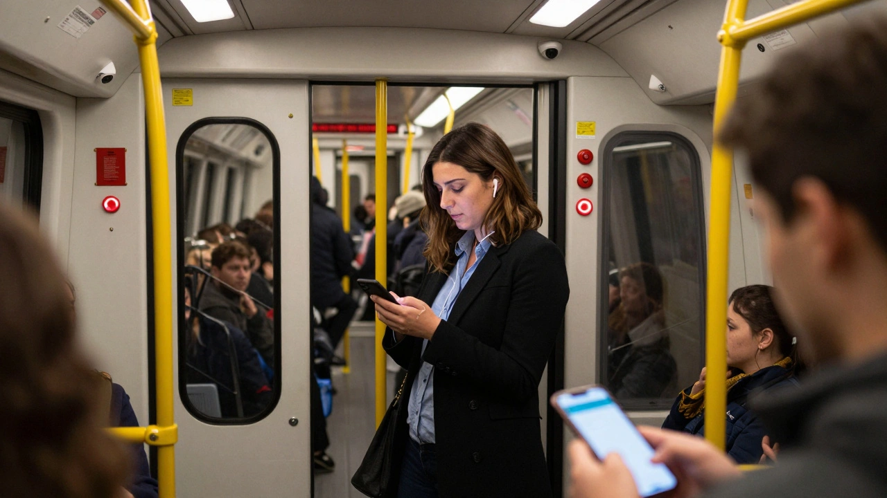 A woman traveling safely on a crowded Night Tube, wearing one earbud and near an emergency button.