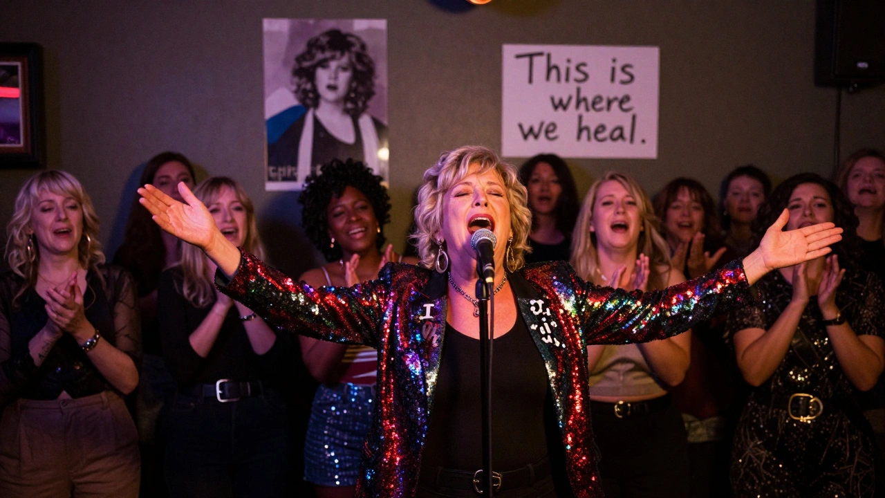 An elderly woman singing passionately at a karaoke mic as the room watches in emotional silence, surrounded by queer community.