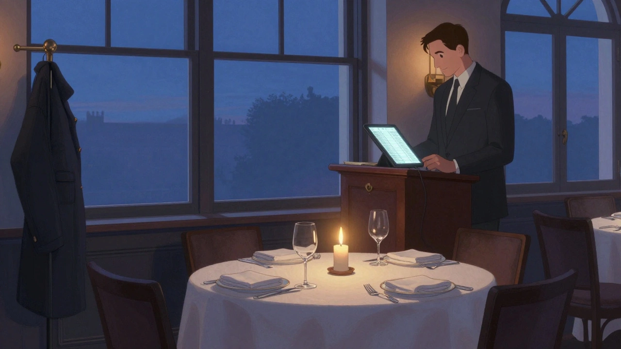 An empty table for four in a fine dining restaurant, host checking a full booking list.