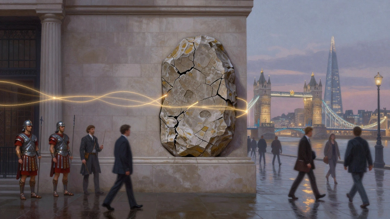 Ancient London Stone embedded in a bank wall with ghostly figures of history surrounding it.