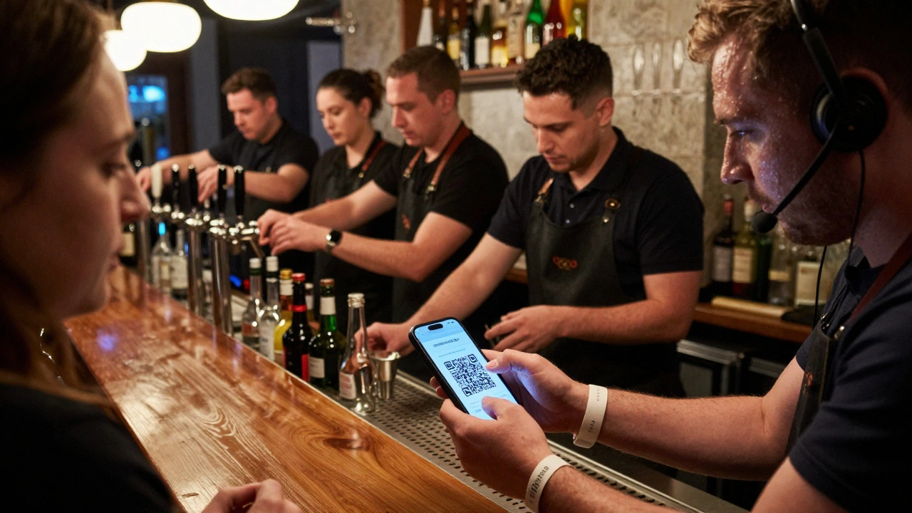 Bar staff scanning a QR code for a digital queue system during the London Olympics.
